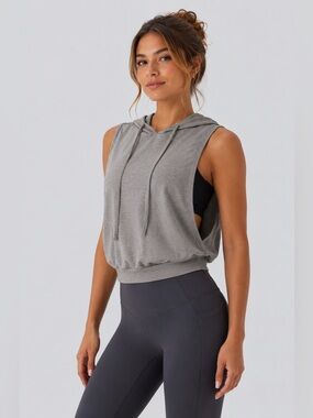 Hooded Drawstring Sleeveless Cropped Running Tank Top Size L
